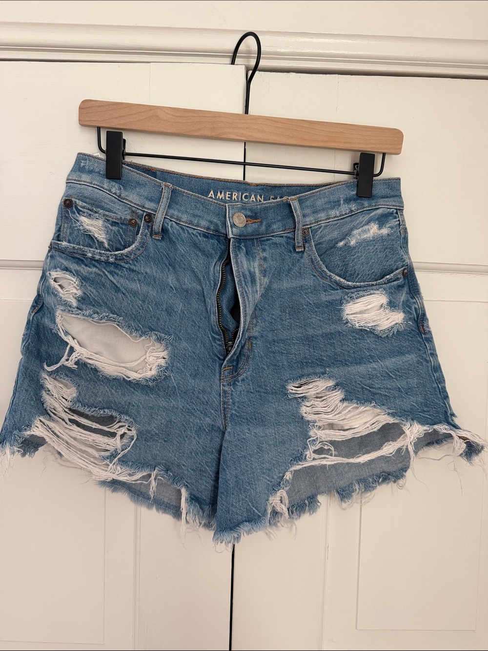 American Eagle Outfitters Light Blue Distressed High-Rise Denim Shorts